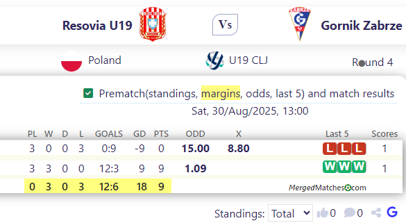 Resovia U19 Vs Gornik Zabrze screenshot