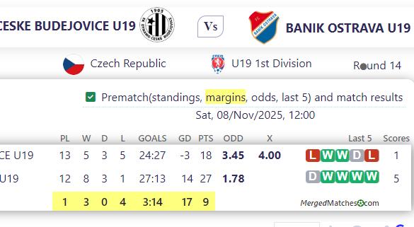 CESKE BUDEJOVICE U19 Vs BANIK OSTRAVA U19 screenshot