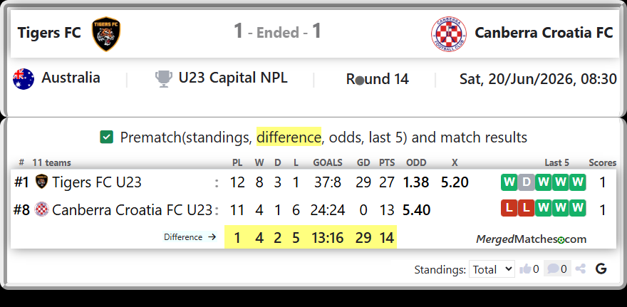 Tigers FC U23 Vs Canberra Croatia FC U23 screenshot