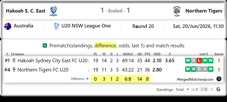 Hakoah Sydney City East FC U20 Vs Northern Tigers FC U20 screenshot