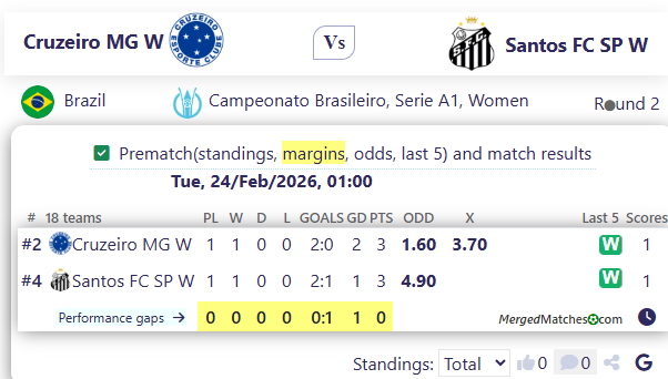 Cruzeiro MG W Vs Santos FC SP W screenshot