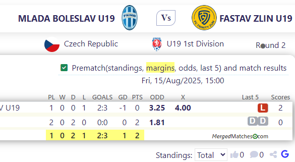 MLADA BOLESLAV U19 Vs FASTAV ZLIN U19 screenshot