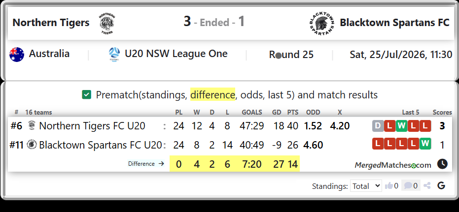 Northern Tigers FC U20 Vs Blacktown Spartans FC U20 screenshot