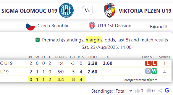 SIGMA OLOMOUC U19 Vs VIKTORIA PLZEN U19 screenshot