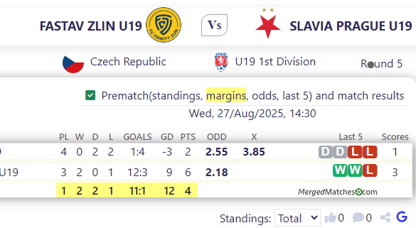 FASTAV ZLIN U19 Vs SLAVIA PRAGUE U19 screenshot