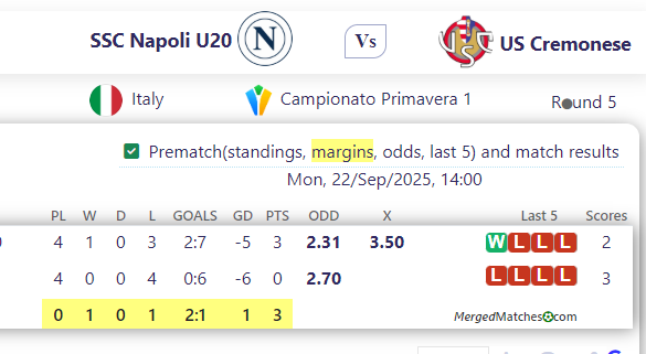 SSC Napoli U20 Vs US Cremonese screenshot