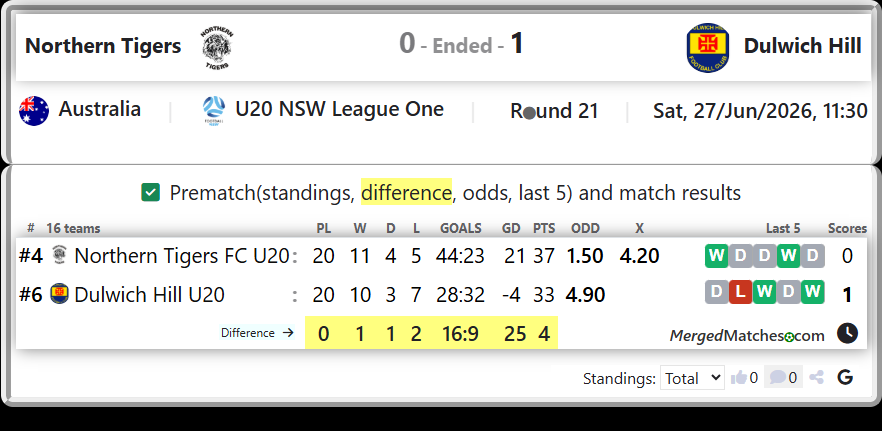 Northern Tigers FC U20 Vs Dulwich Hill U20 screenshot